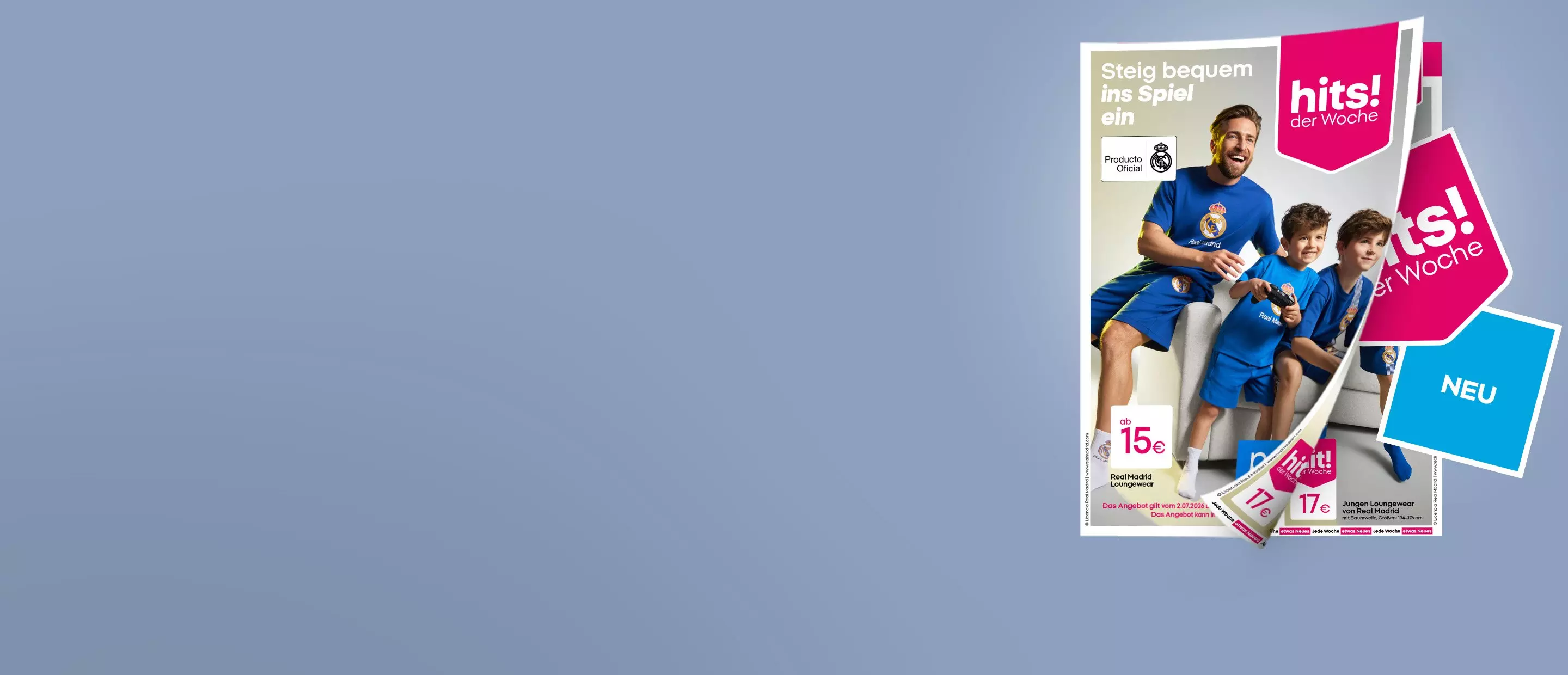 Pepco Werbung mit Vater und zwei Jungen in Real Madrid Fankleidung, Hits der Woche Angebote.