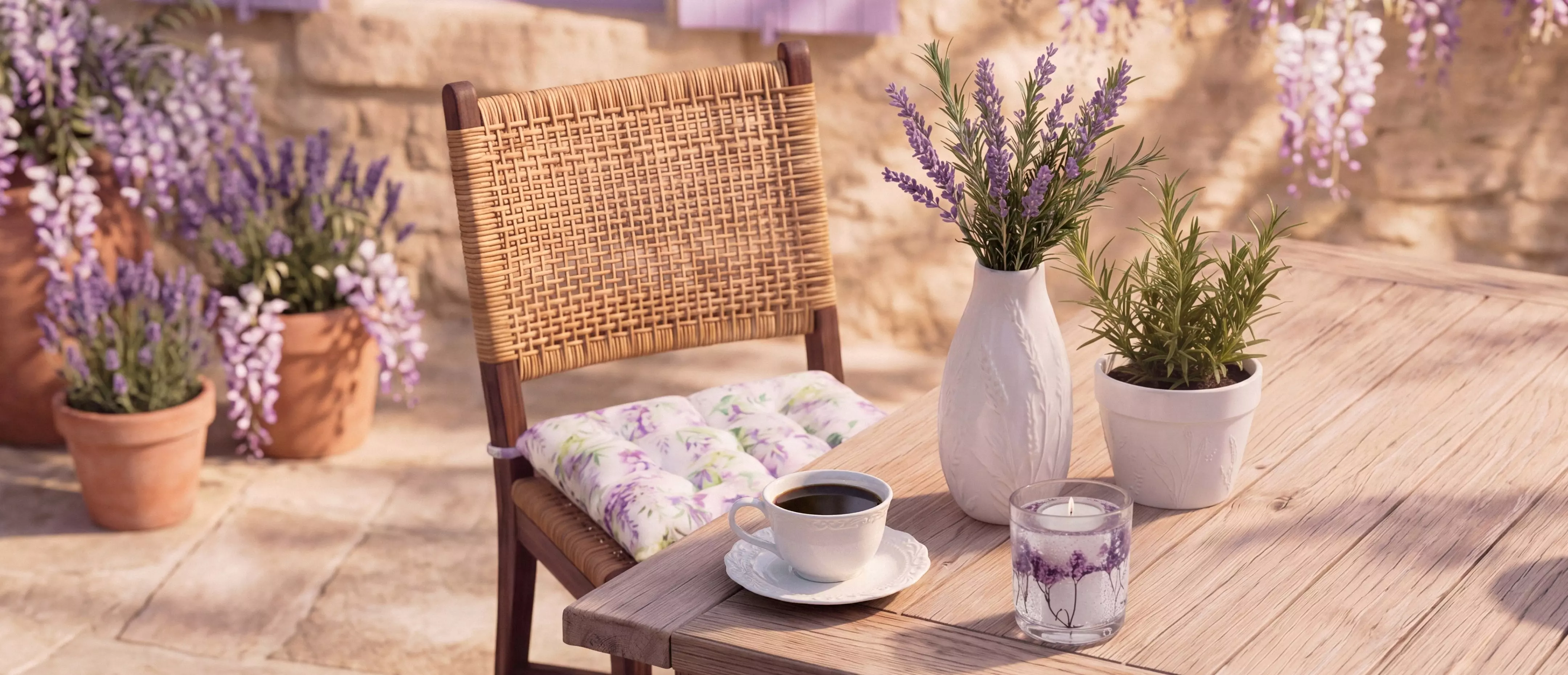 Scaun Pepco din lemn cu șezut împletit, pernă florală, masă cu cafea, lavandă în vază și plante decorative.