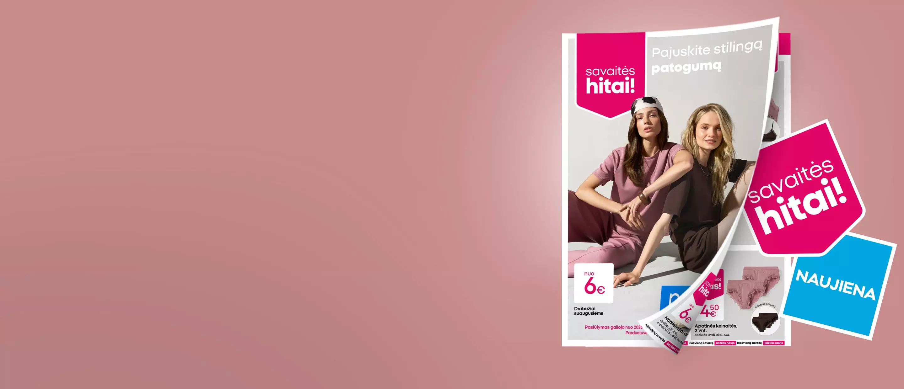 Pepco reklaminiai lapeliai su dviem moterimis pižamomis ir tekstu savaitės hitai! bei naujienomis.
