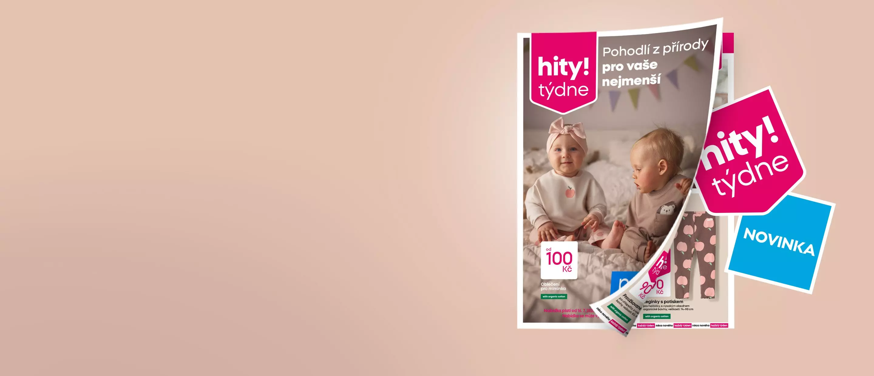 Pepco katalog s dětským oblečením, dvě děti sedí na posteli, text hity! týdne a cena 100 Kč.