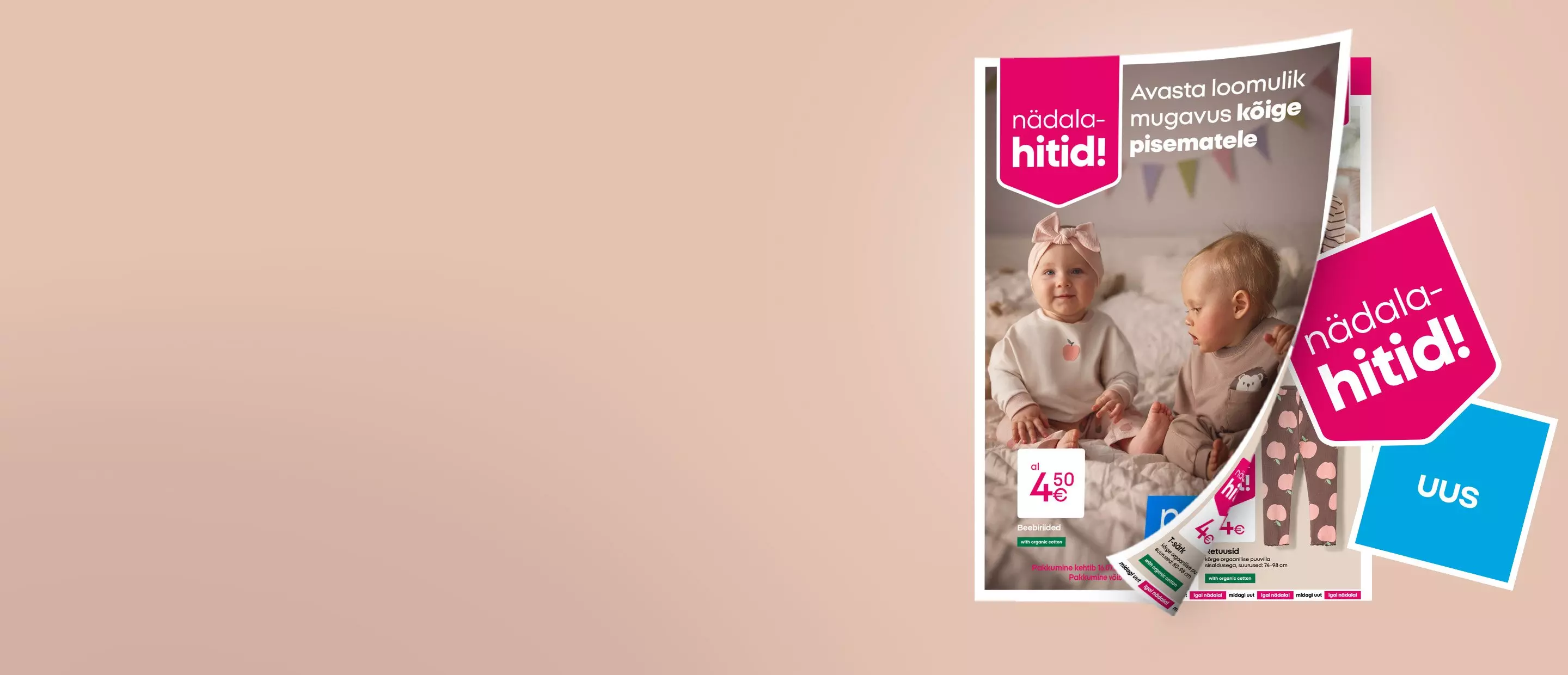 Pepco promotional leaflets featuring baby clothing with two toddlers wearing matching beige outfits.
