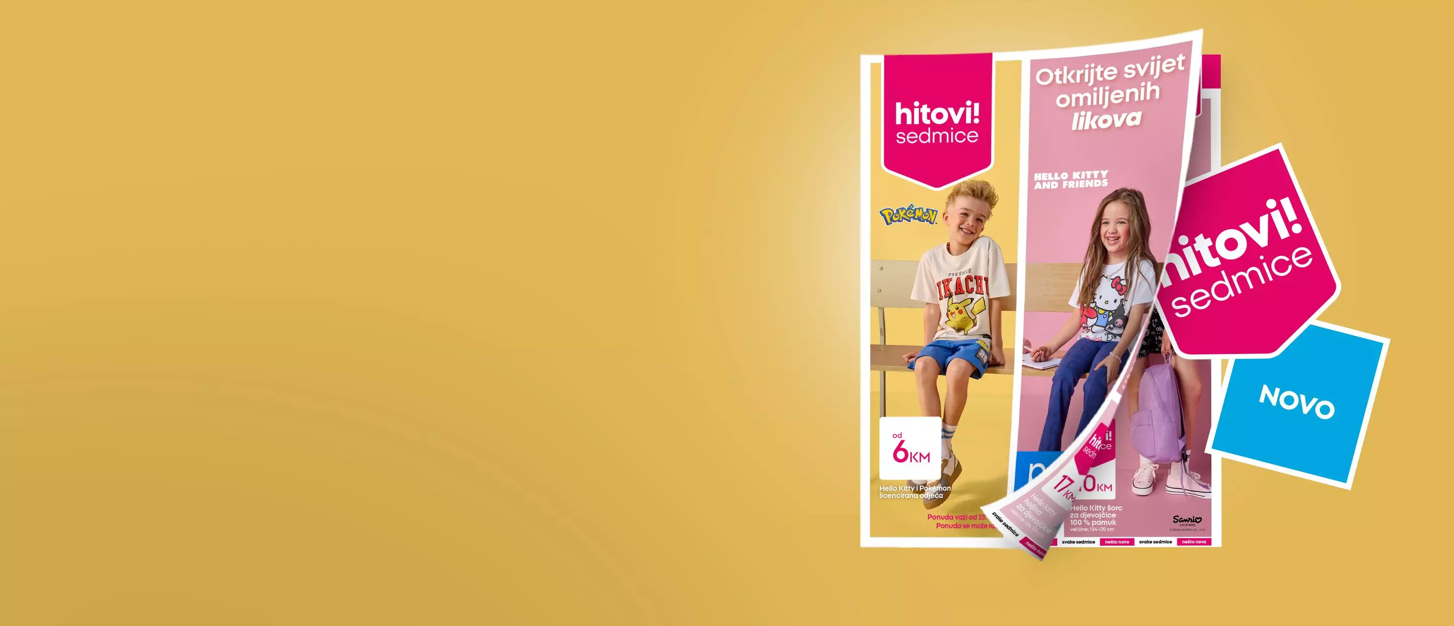 Pepco katalog sa dječakom u Pokémon majici i djevojčicom u Hello Kitty majici, licencirani proizvodi.