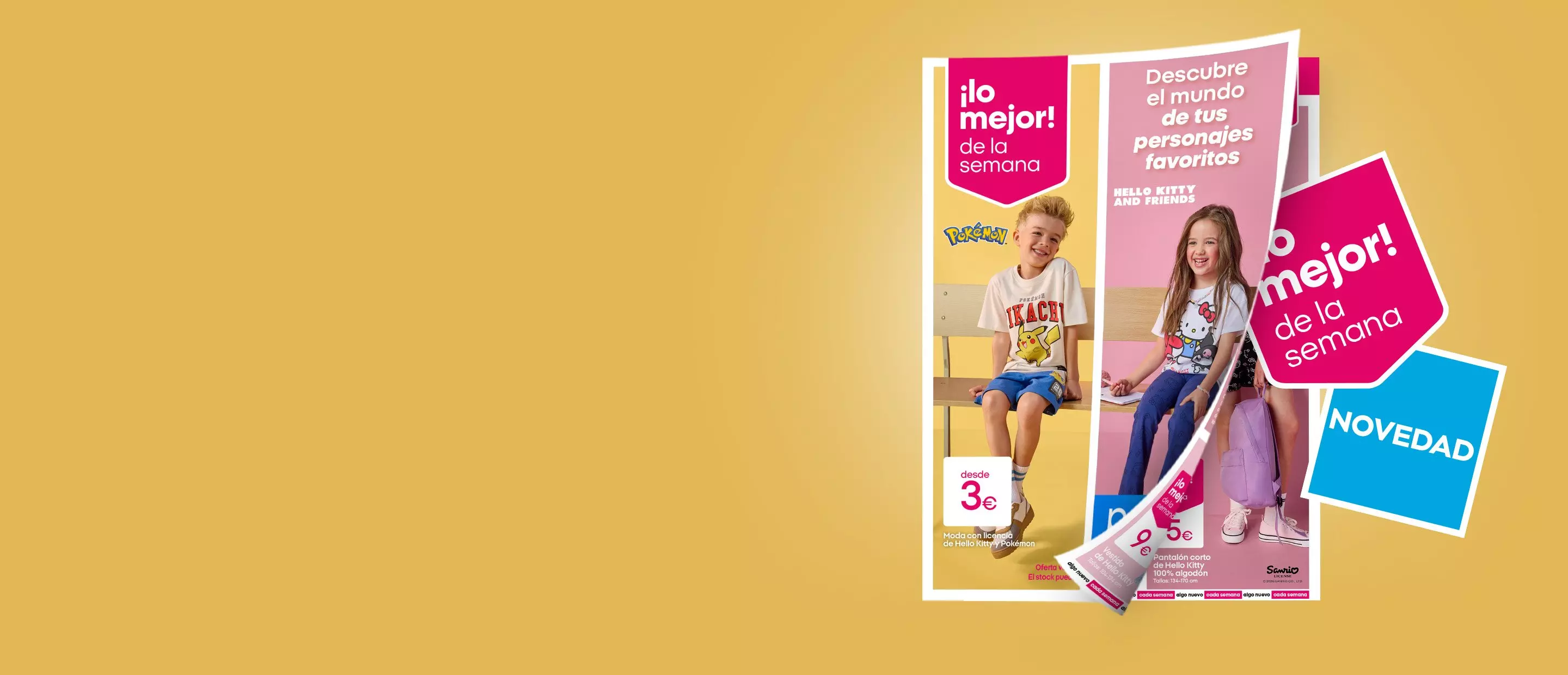Catálogo Pepco con niños luciendo ropa de Pokémon y Hello Kitty, destacando ofertas semanales desde 3€.