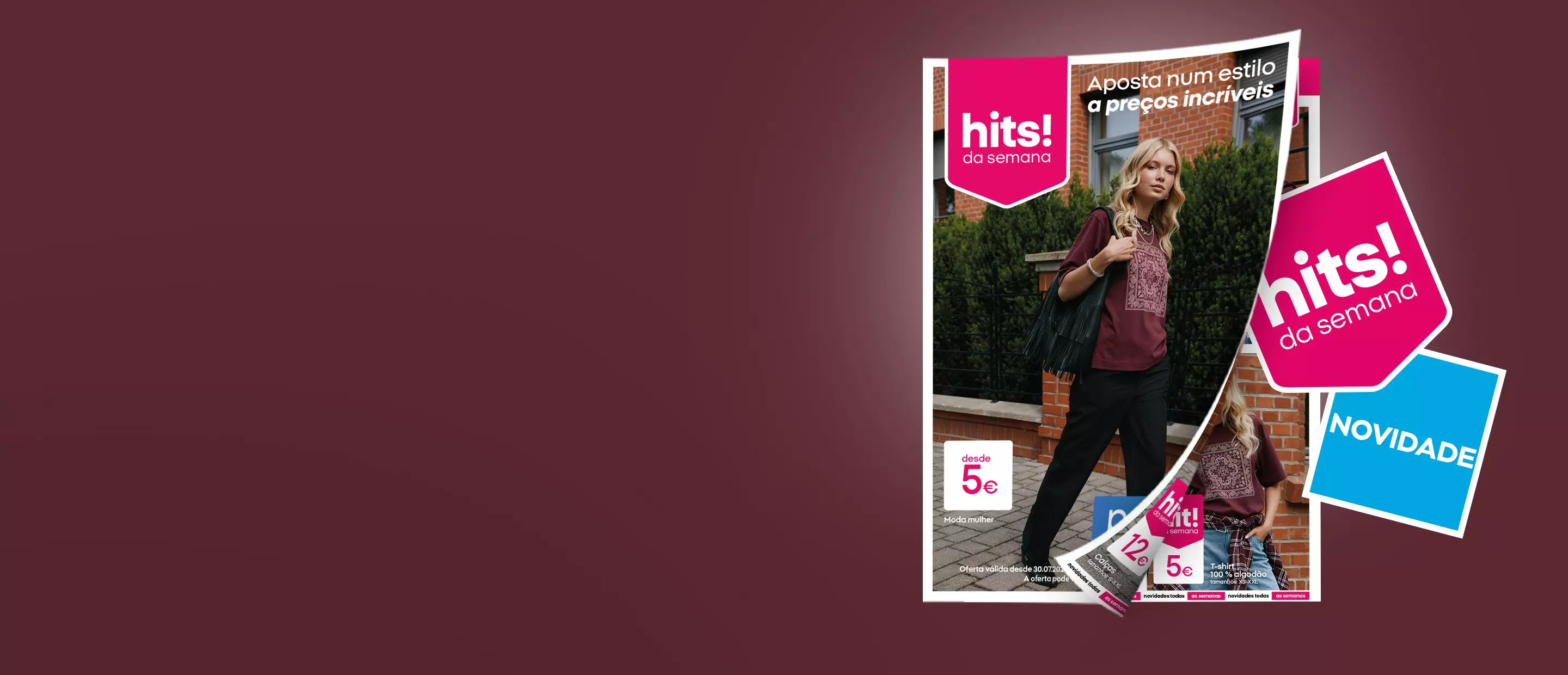 Catálogo Pepco com modelo a usar roupa casual e promoções hits da semana desde 5€.