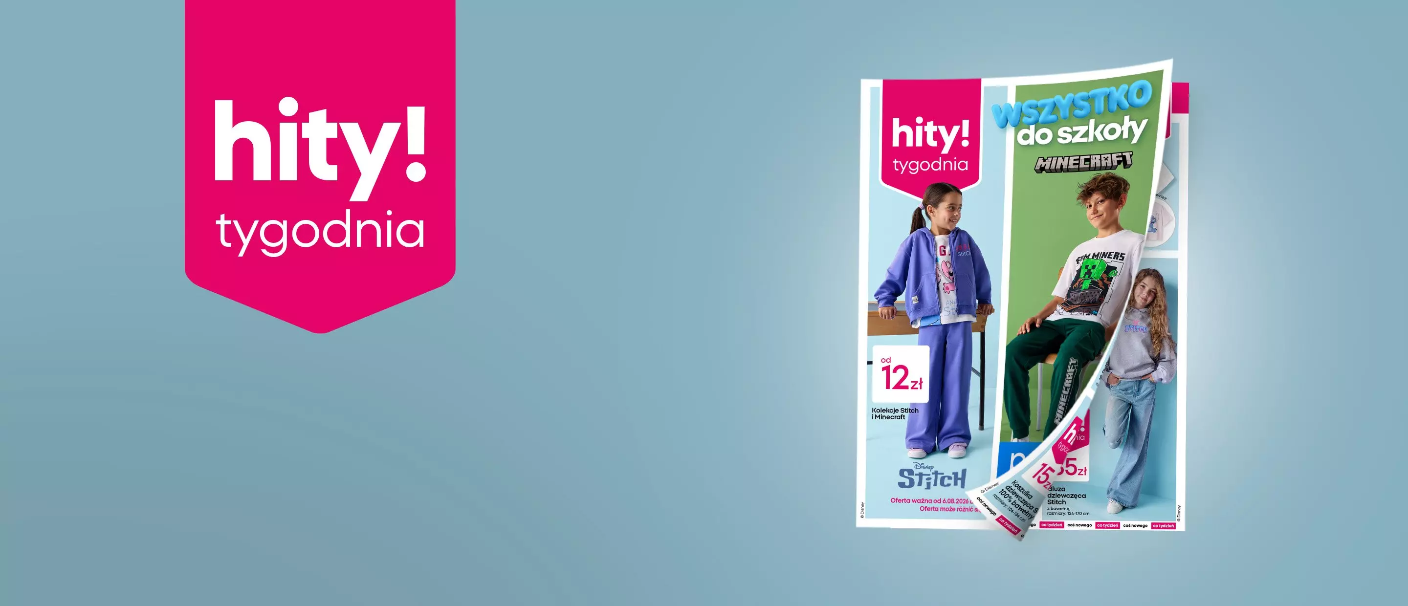 Gazetka promocyjna Pepco z ofertą odzieży dziecięcej, w tym kolekcji Stitch i Minecraft od 12 zł.