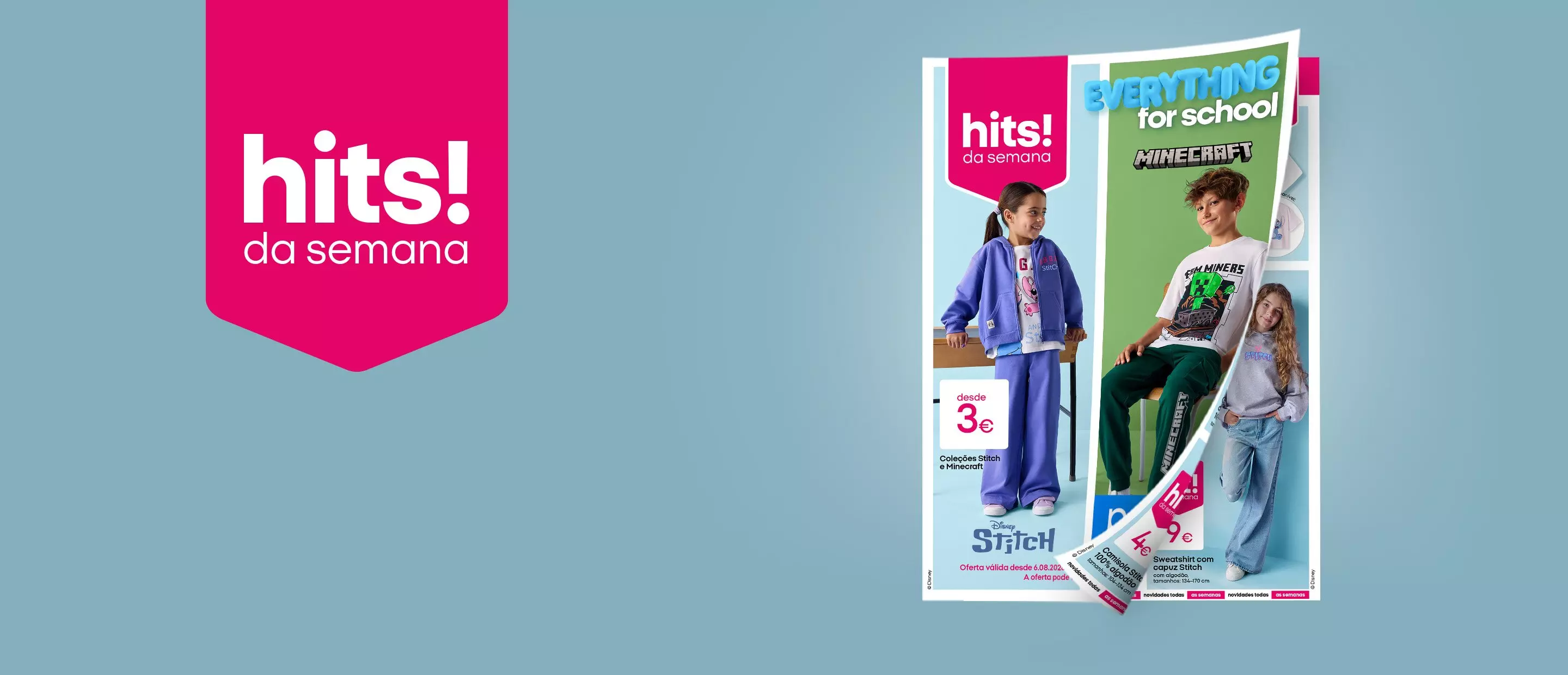 Promoção Pepco hits! da semana com roupa escolar Stitch e Minecraft para crianças desde 3€.