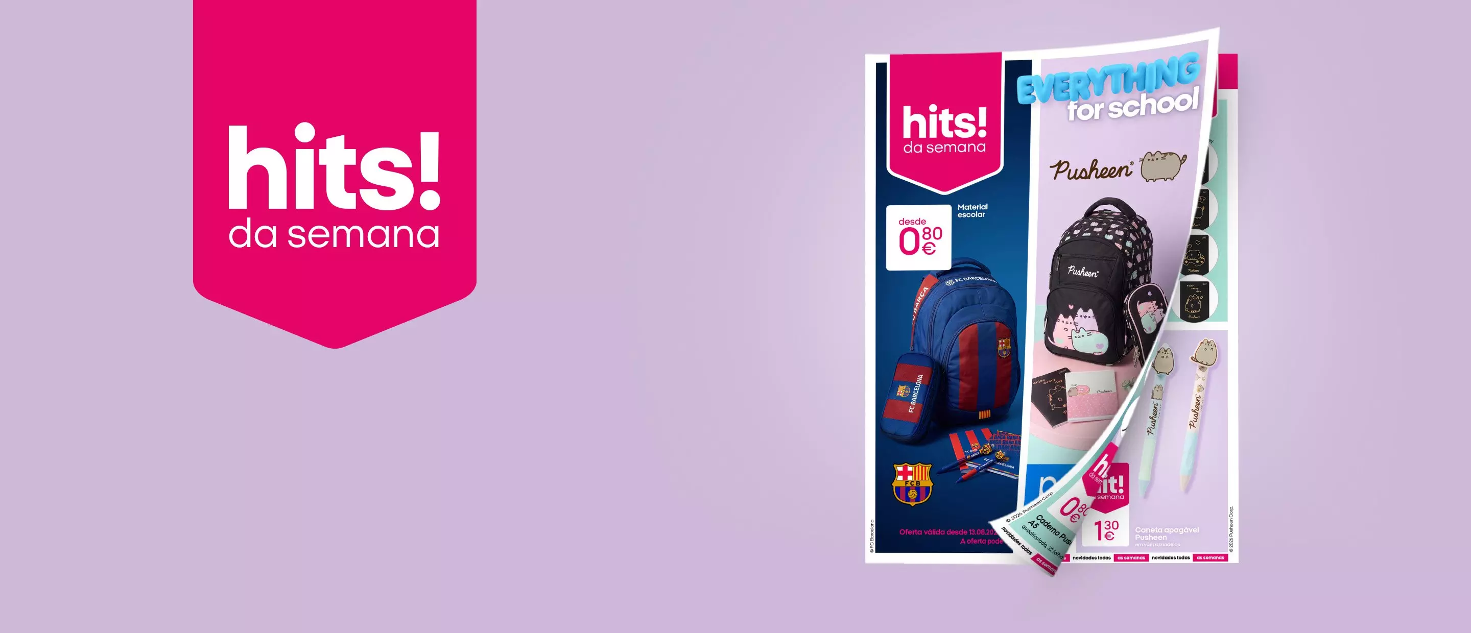 Catálogo Pepco hits! da semana com material escolar, mochilas Pusheen e FC Barcelona desde 0,80€.
