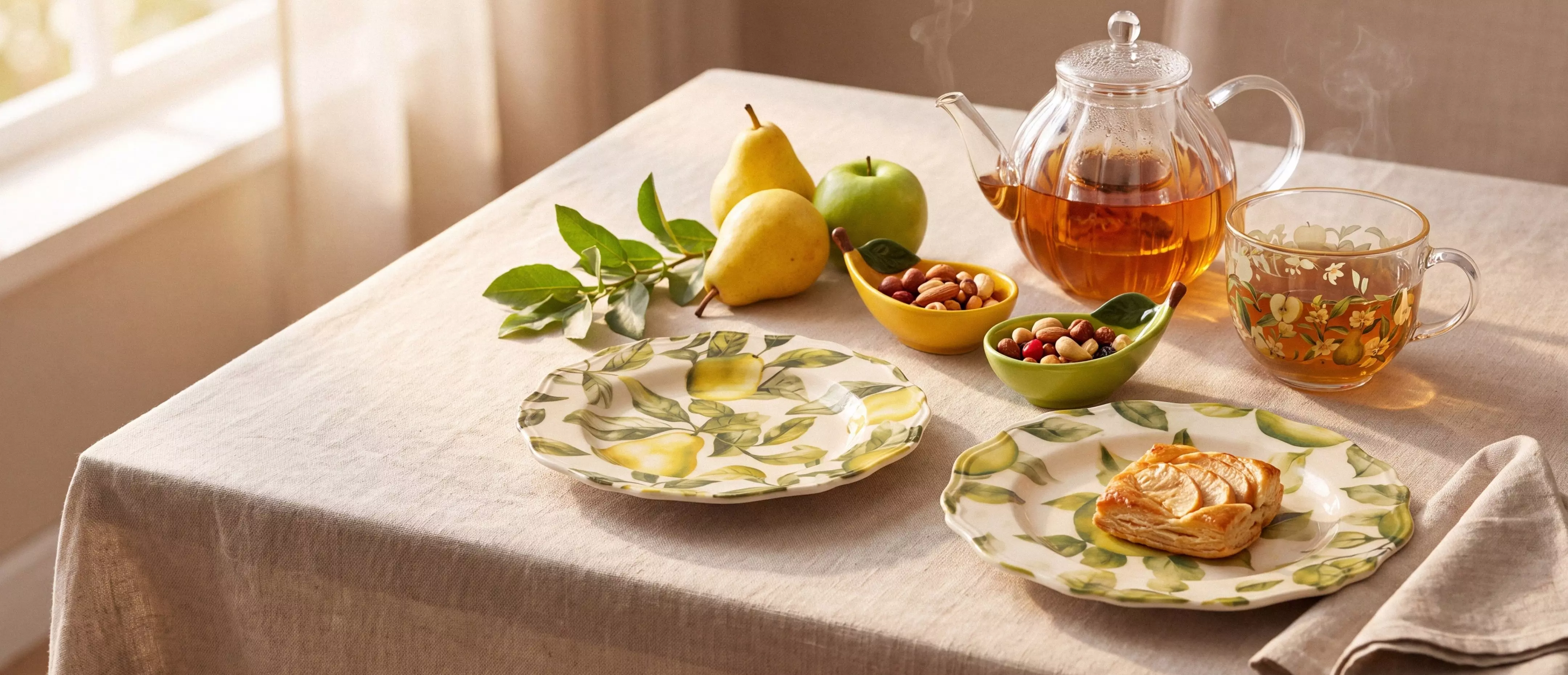 Mesa Pepco com louça decorada com peras, frutas frescas, frutos secos, bule de chá e pastel.