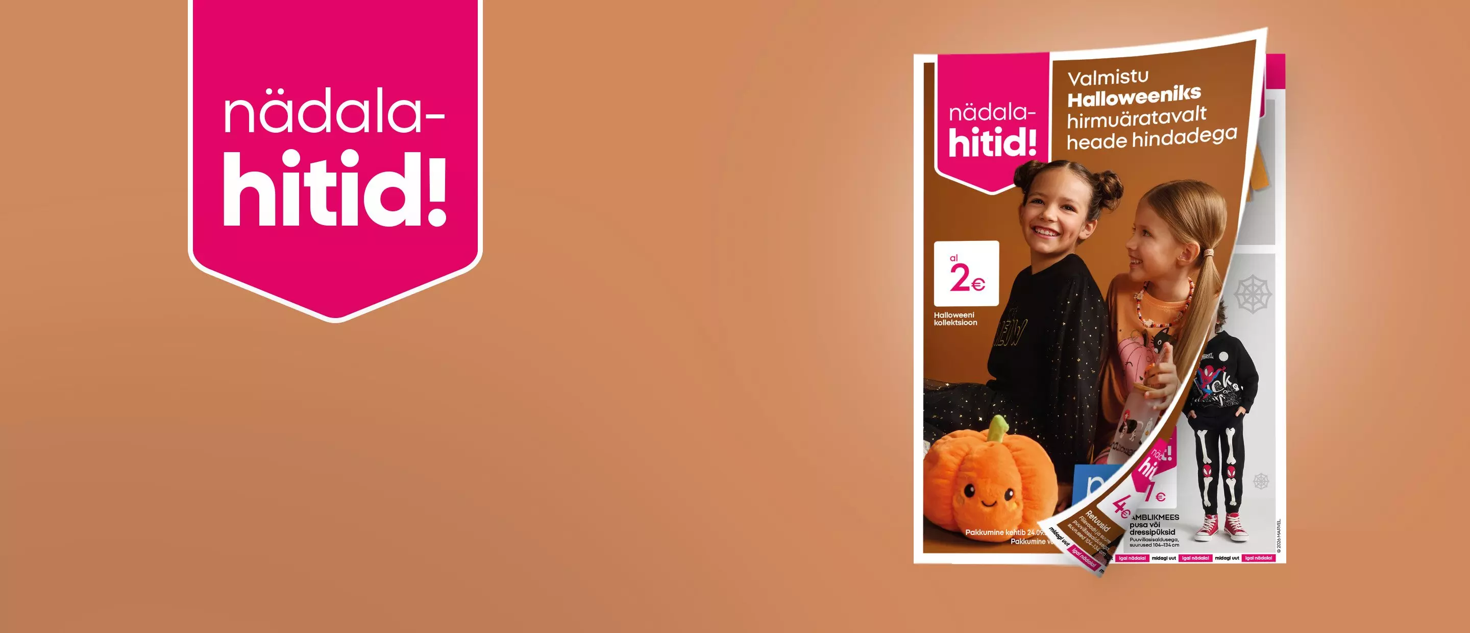 Pepco nädala-hitid reklaam koos Halloweeni kostüümides tüdrukutega ja kaubakataloogiga.