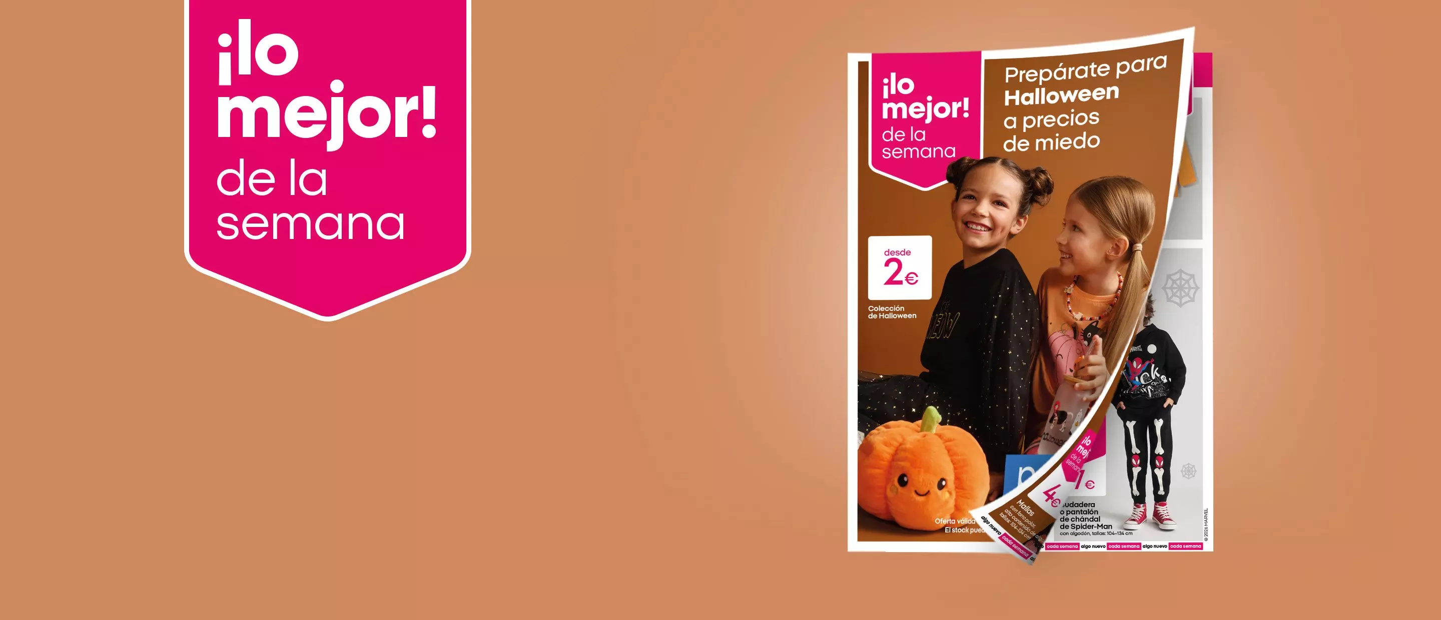 Pepco promociona ofertas de Halloween con dos niñas sonrientes y decoración festiva desde 2€.