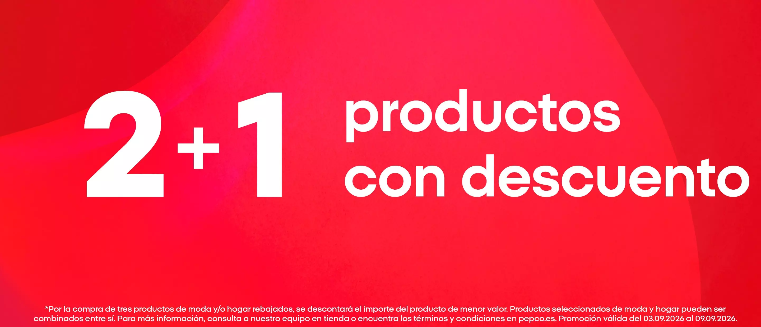 Promoción Pepco 2+1 productos con descuento sobre fondo rojo.