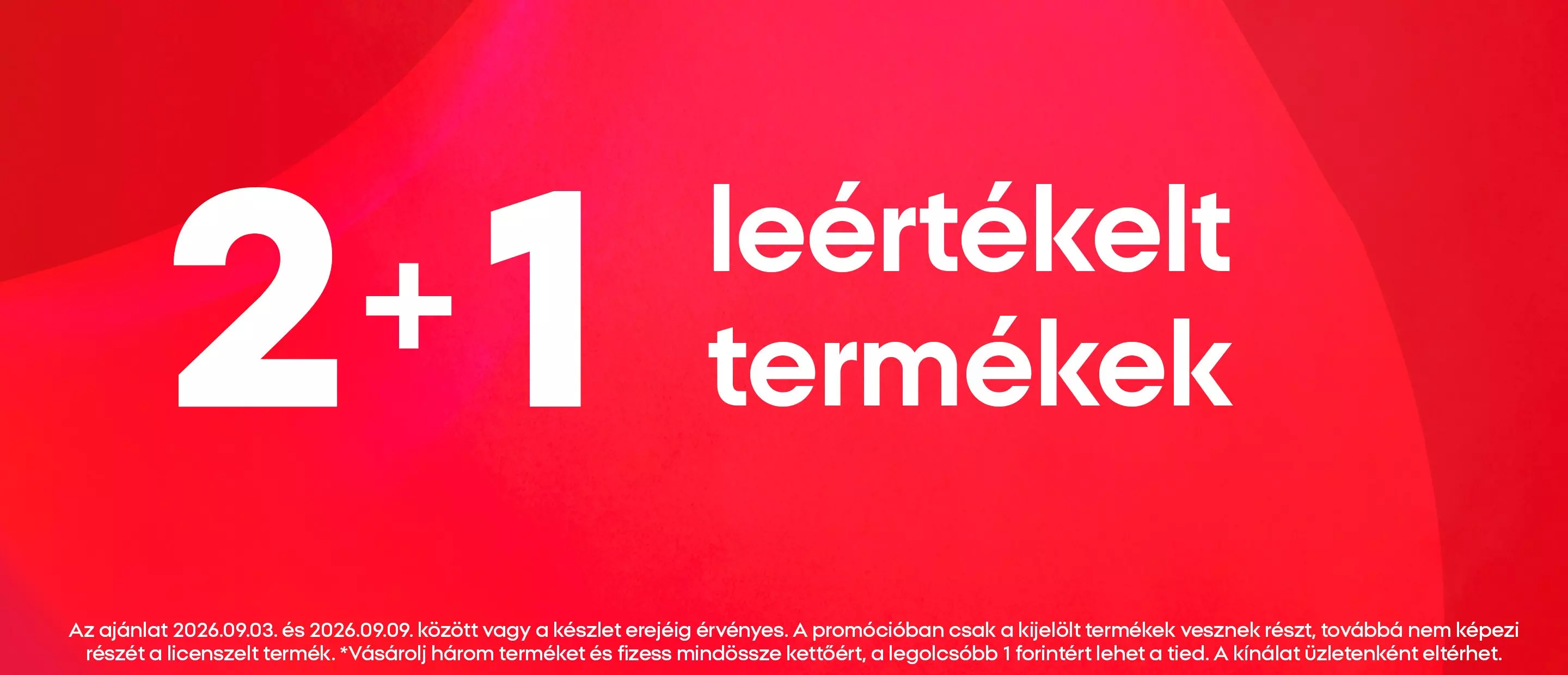 Pepco 2+1 leértékelt termékek promóciós ajánlat piros háttéren.