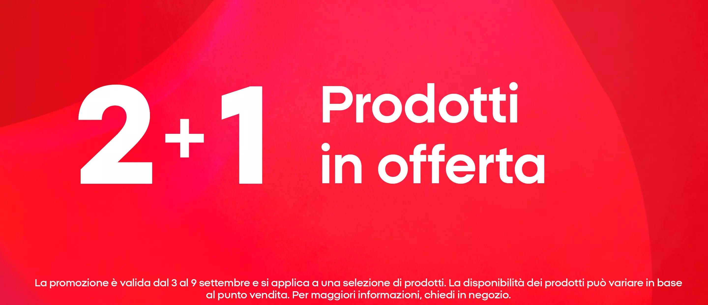 Pepco promozione 2+1 Prodotti in offerta su sfondo rosso.