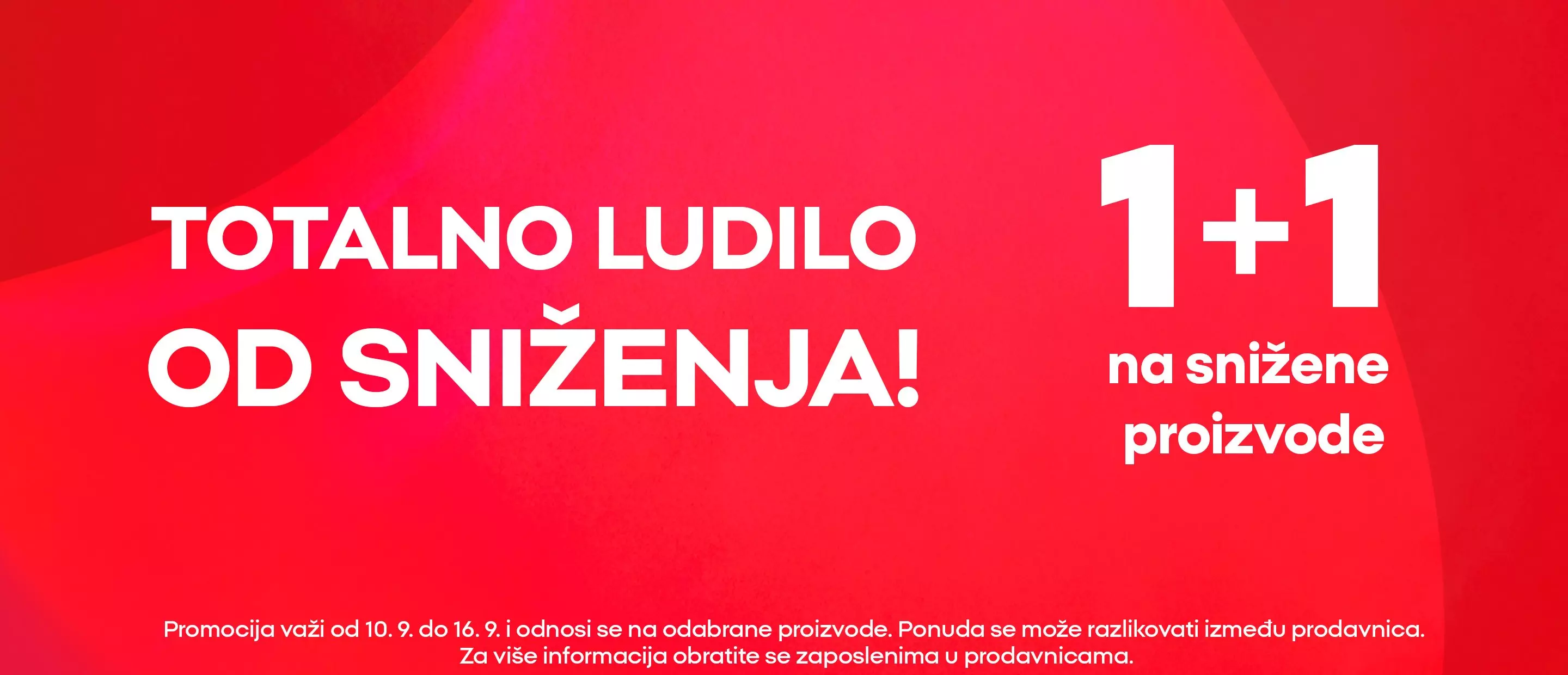 Pepco promocija 1+1 na snižene proizvode, crvena pozadina sa belim tekstom.