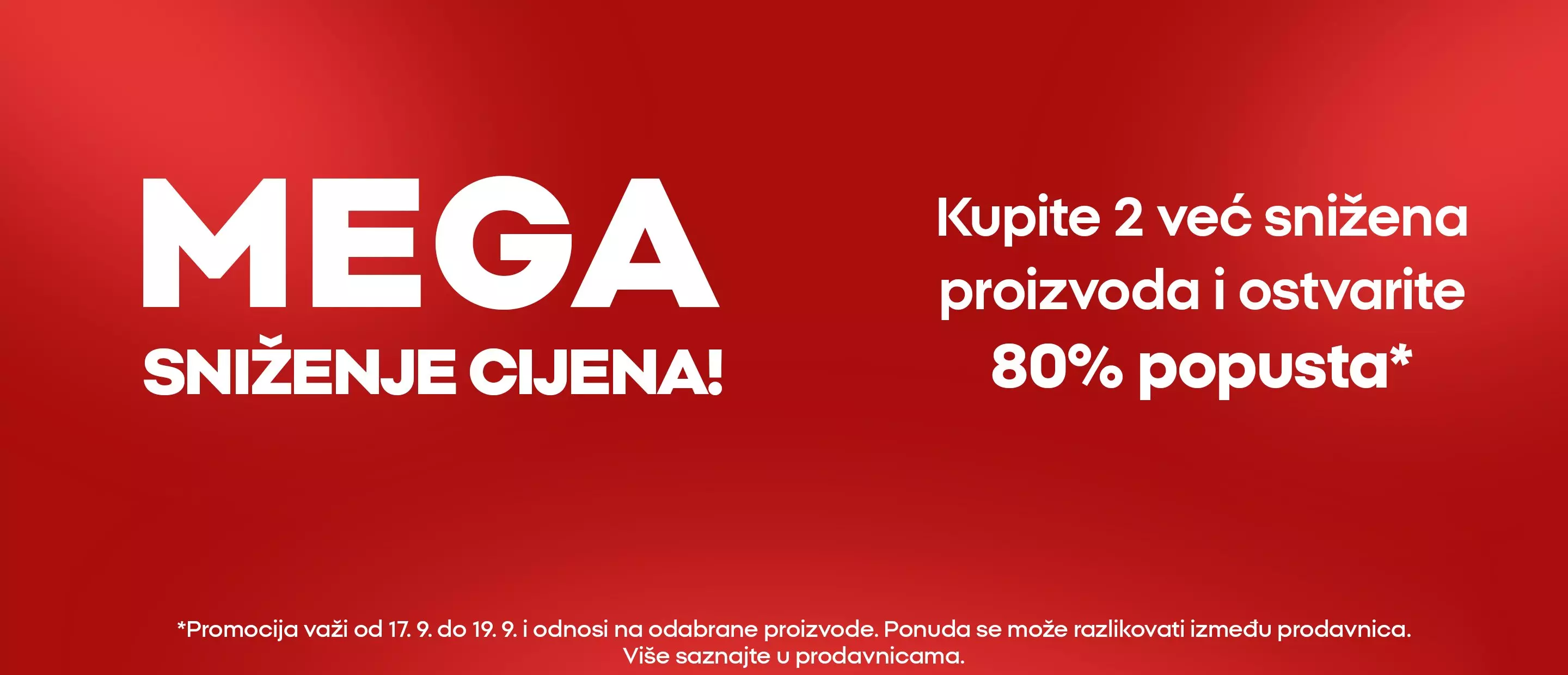 Pepco mega price reduction promotional banner with text in Croatian advertising 80% discount on selected products.