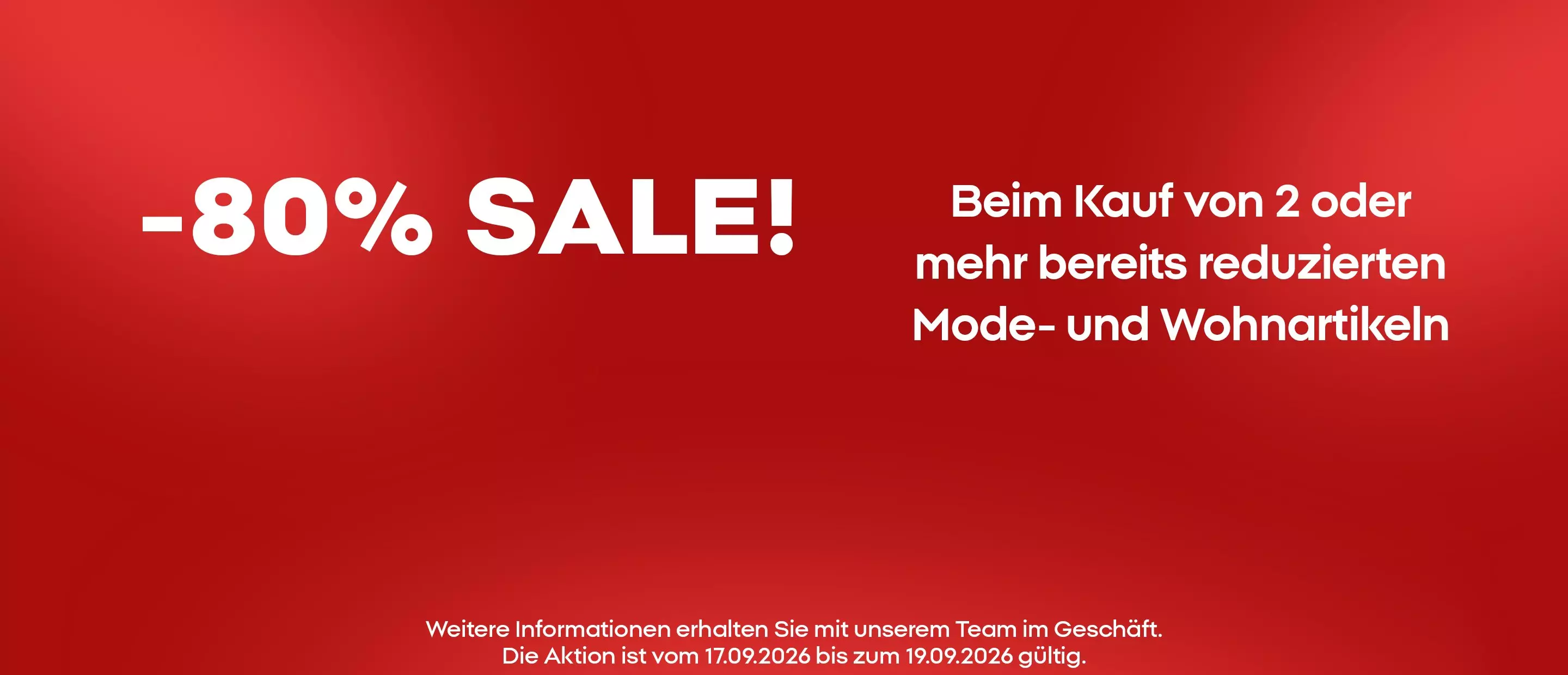 Pepco Sale-Banner mit 80% Rabatt auf Mode- und Wohnartikel, gültig vom 17.09.2026 bis 19.09.2026.