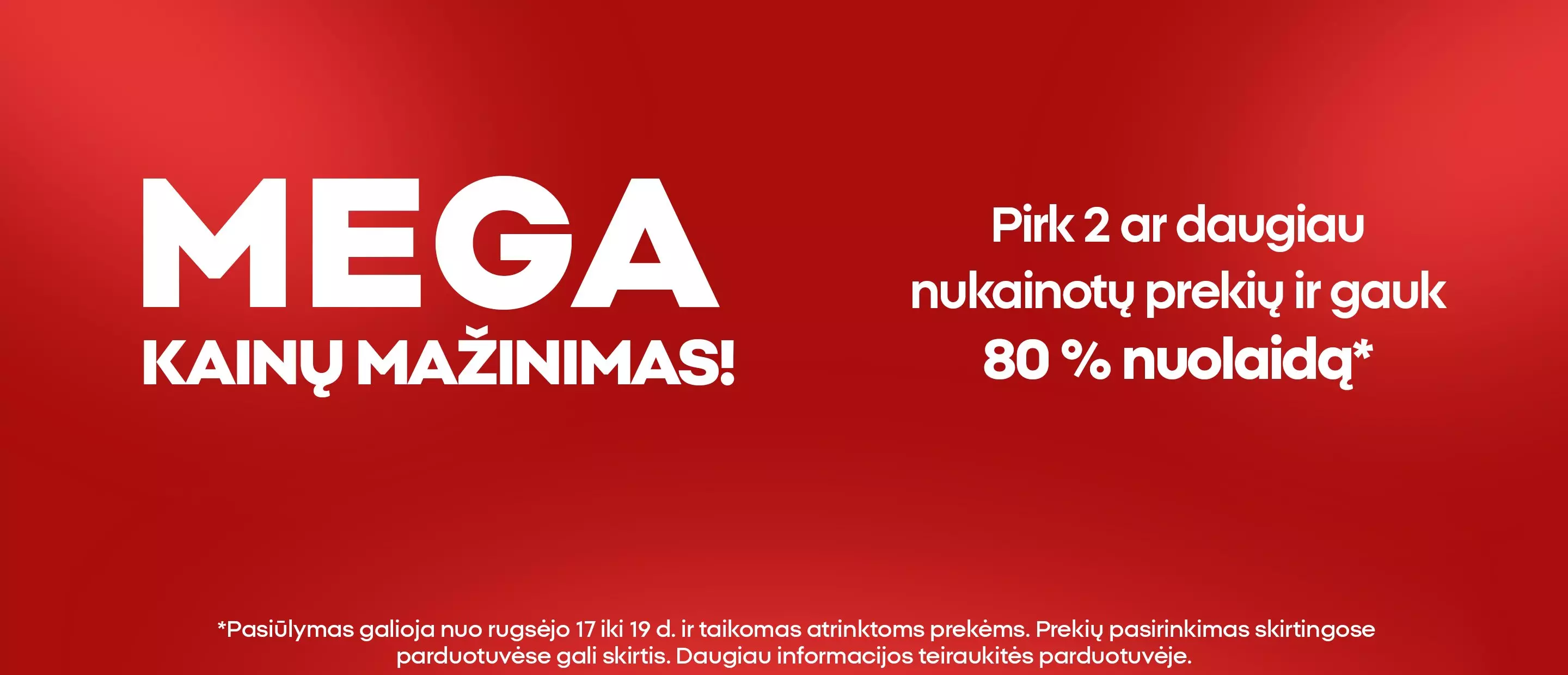 Pepco mega kainų mažinimas su nuolaida iki 80 procentų prekėms raudoname fone.