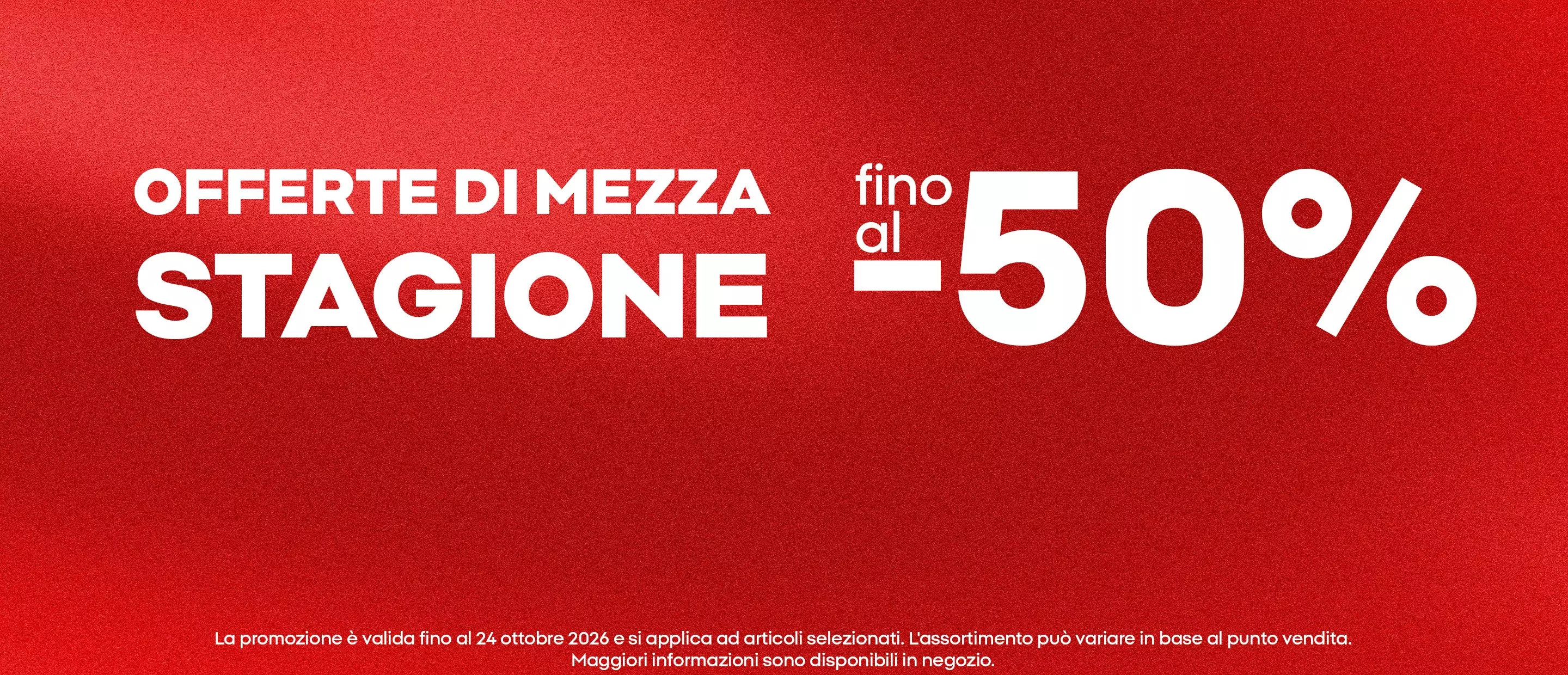 Pepco - Banner promozionale con testo OFFERTE DI MEZZA STAGIONE fino al -50% su sfondo rosso.