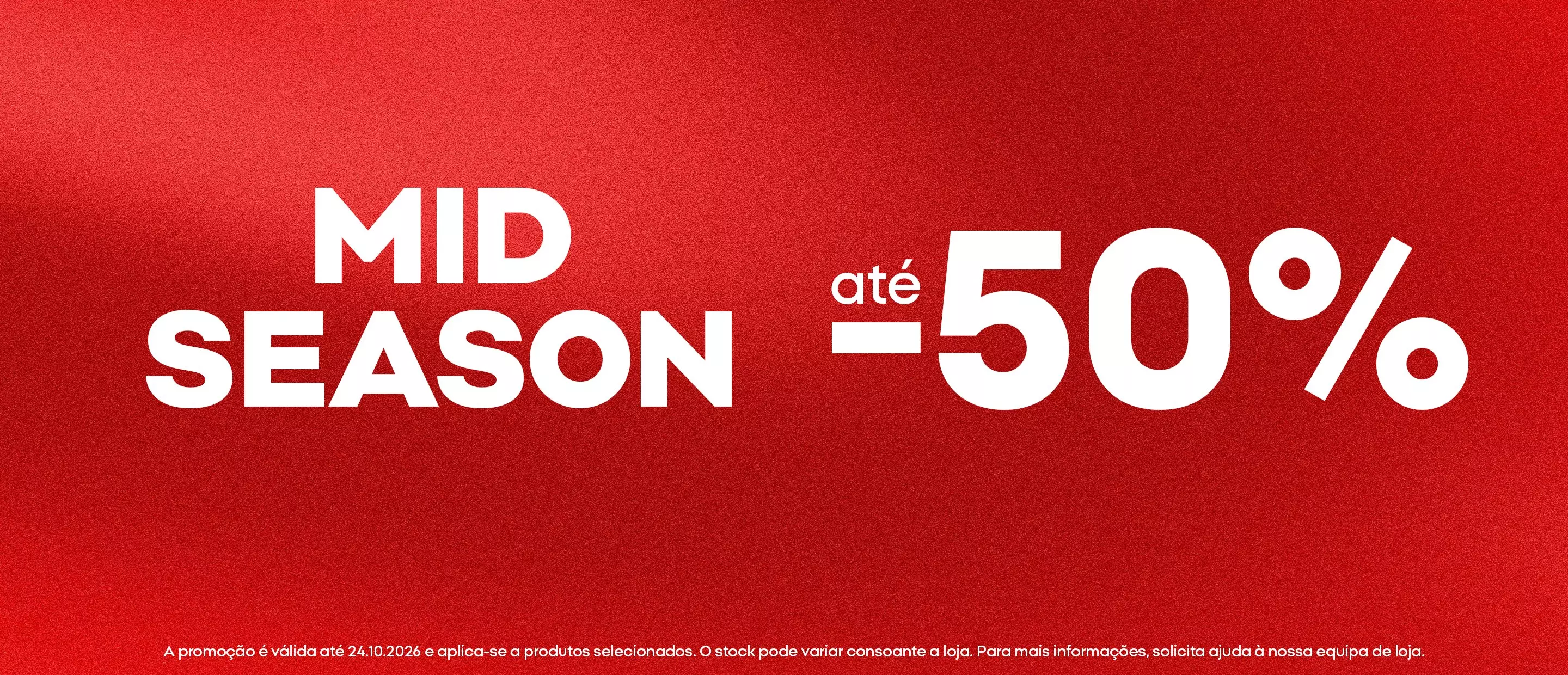 Banner promocional Pepco MID SEASON com descontos até 50% sobre fundo vermelho.