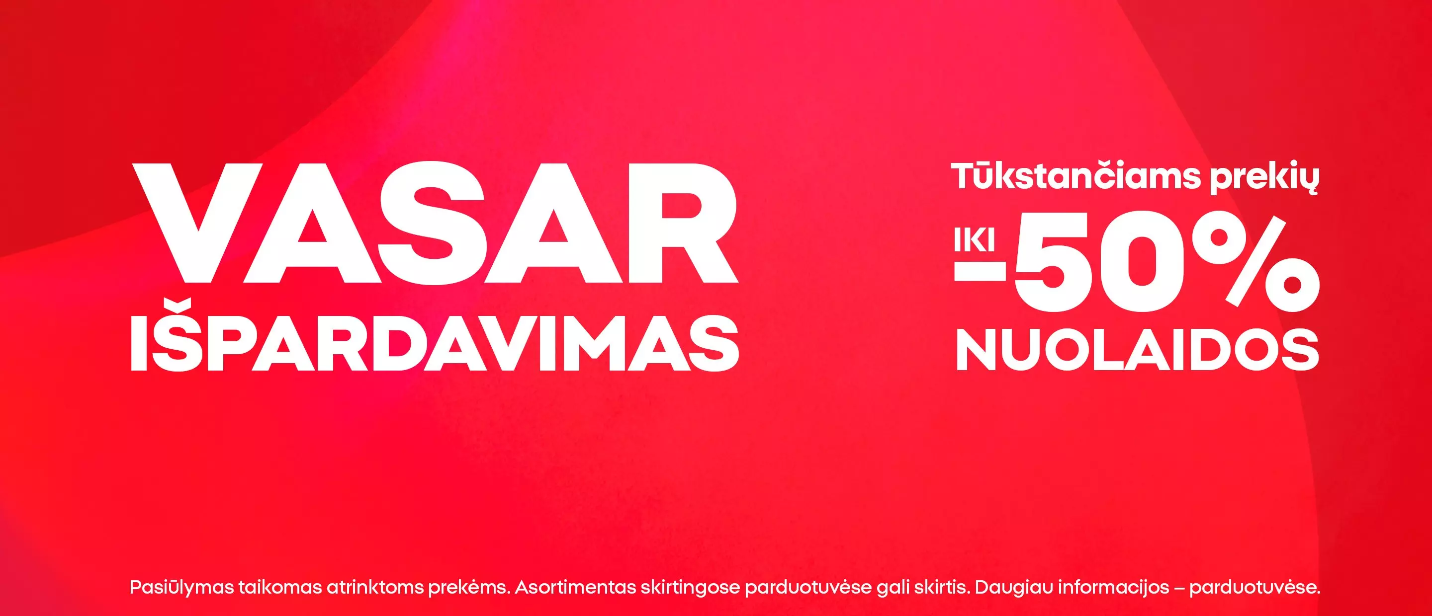Pepco vasaros išpardavimo reklama su nuolaida iki -50% raudoname fone.