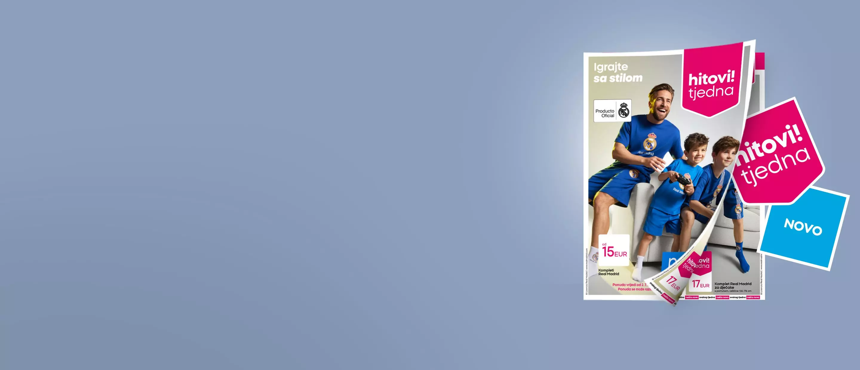 Pepco katalog s ocem i sinovima u Real Madrid dresovima, promocija sportske odjeće i proizvoda.