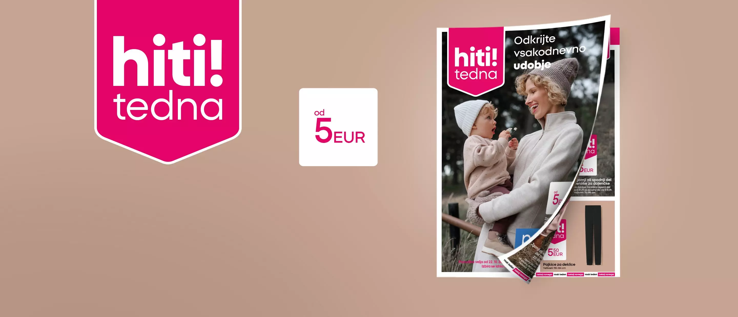 Pepco promocija hiti! tedna z izdelki od 5 EUR, prikazan katalog z mamo in otrokom v zimskih oblačilih.