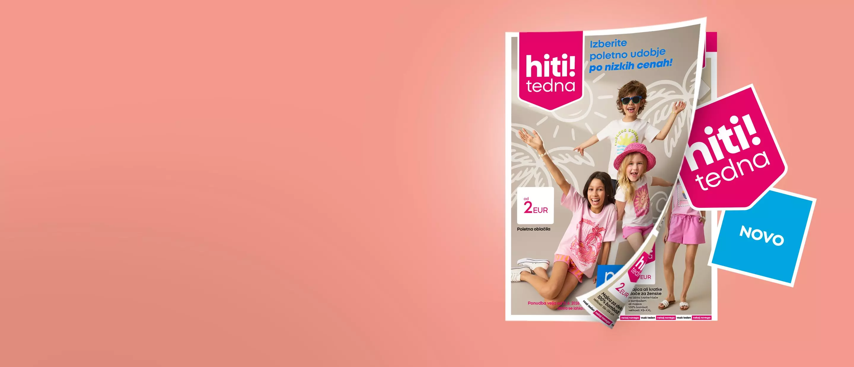 Pepco poletni katalog z veselimi otroki v rožnatih oblačilih, promocija hiti tedna od 2 EUR.