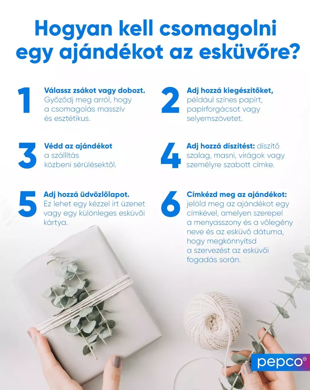 Hat lépéses útmutató esküvői ajándék csomagolásához, elegáns becsomagolt ajándék és madzag látható.