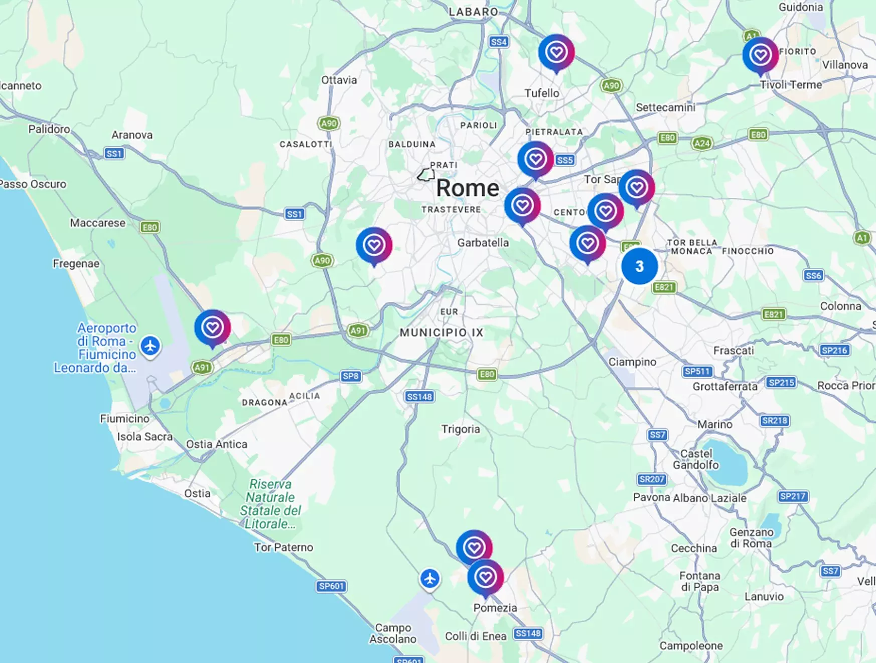 Mappa Pepco dei negozi e delle località nell'area di Roma con indicatori di posizione.