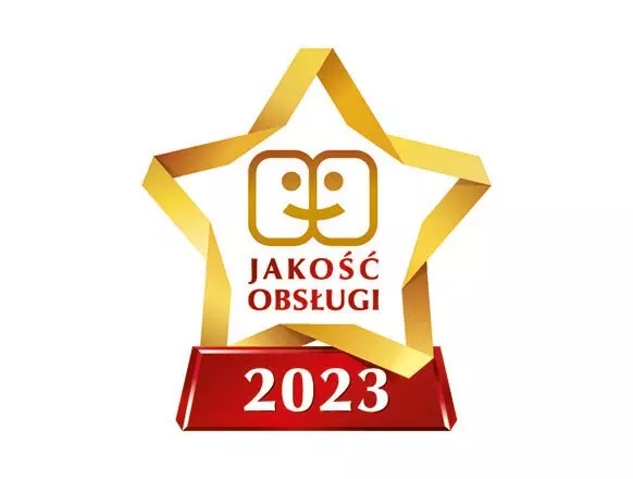 Pepco customer service quality award with gold star and red base featuring JAKOŚĆ OBSŁUGI 2023 text.