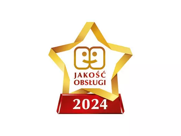 Gold star award emblem for Pepco with "JAKOŚĆ OBSŁUGI 2024" text on red base.