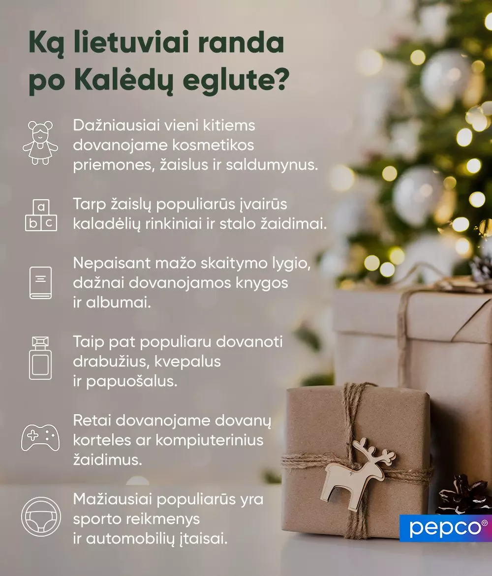 Infografikas apie Kalėdų dovanų idėjas su supakuotomis dovanomis ir eglute fone.