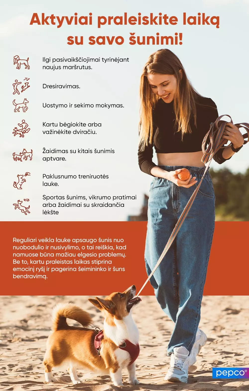 Pepco informacinis plakatas apie aktyvaus laiko leidimą su šunimi, rodantis moteris su šunimi paplūdimyje ir įvairių veiklų sąrašą.