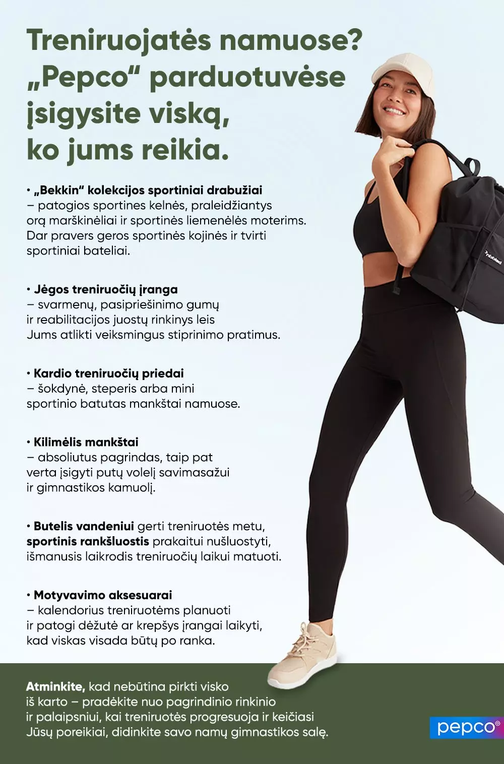 Pepco reklama su sporto apranga ir įranga namų treniruotėms, parodanti moterį su sportiniu krepšiu ir išsamiu namų treniruočių reikmenų sąrašu.