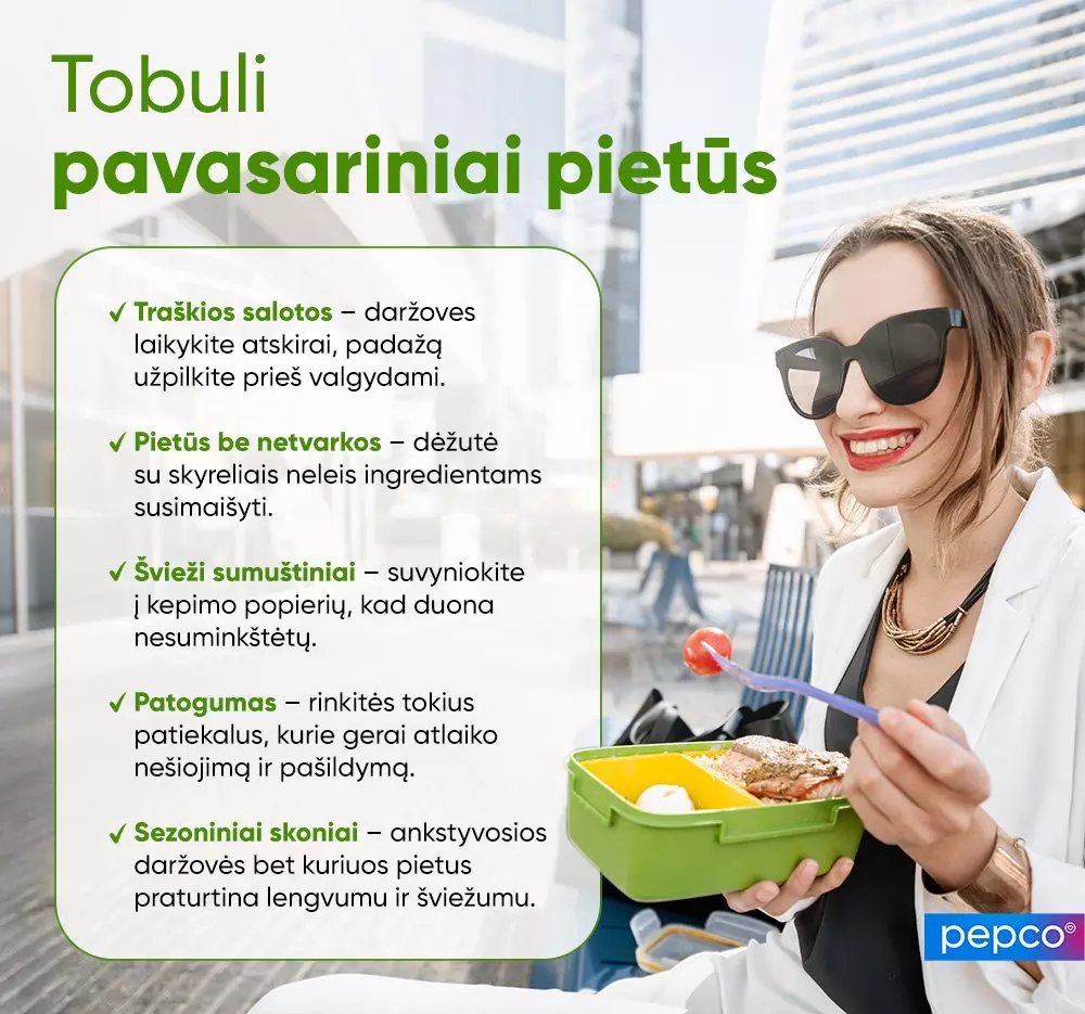 Moteris valgo pietus iš Pepco dėžutės su skyriais, šalia pateikti pavasarinių pietų patarimai apie salotų, sumuštinių ruošimą.