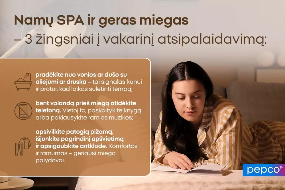 Pepco namų spa reklaminis vaizdas su trimis vakarinio atsipalaidavimo žingsniais ir asmeniu dryžuotoje pižamoje skaitančiu knygą.