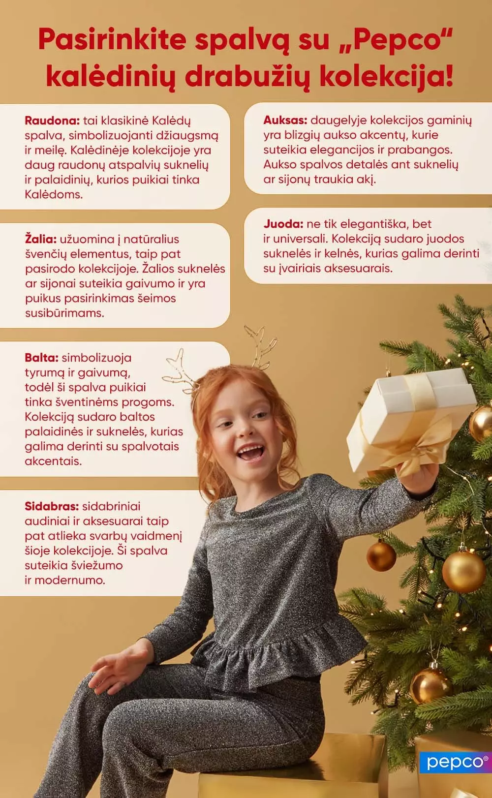 Mergaitė su pilku žibančiu Pepco kalėdiniu komplektu laiko dovaną šalia eglutės. Plakate aprašomos kolekcijos spalvos.
