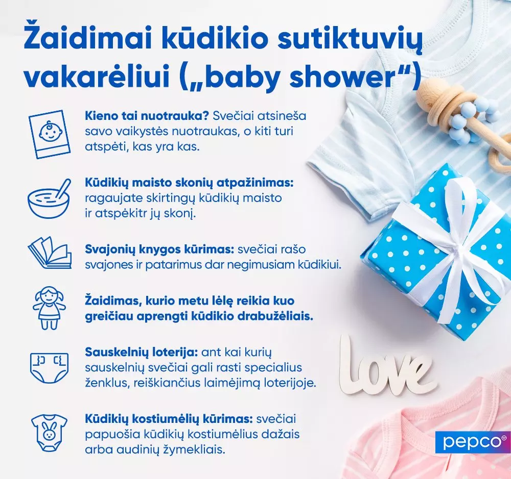 Kūdikio drabužėliai ir žaislai su tekstu apie baby shower žaidimų idėjas.
