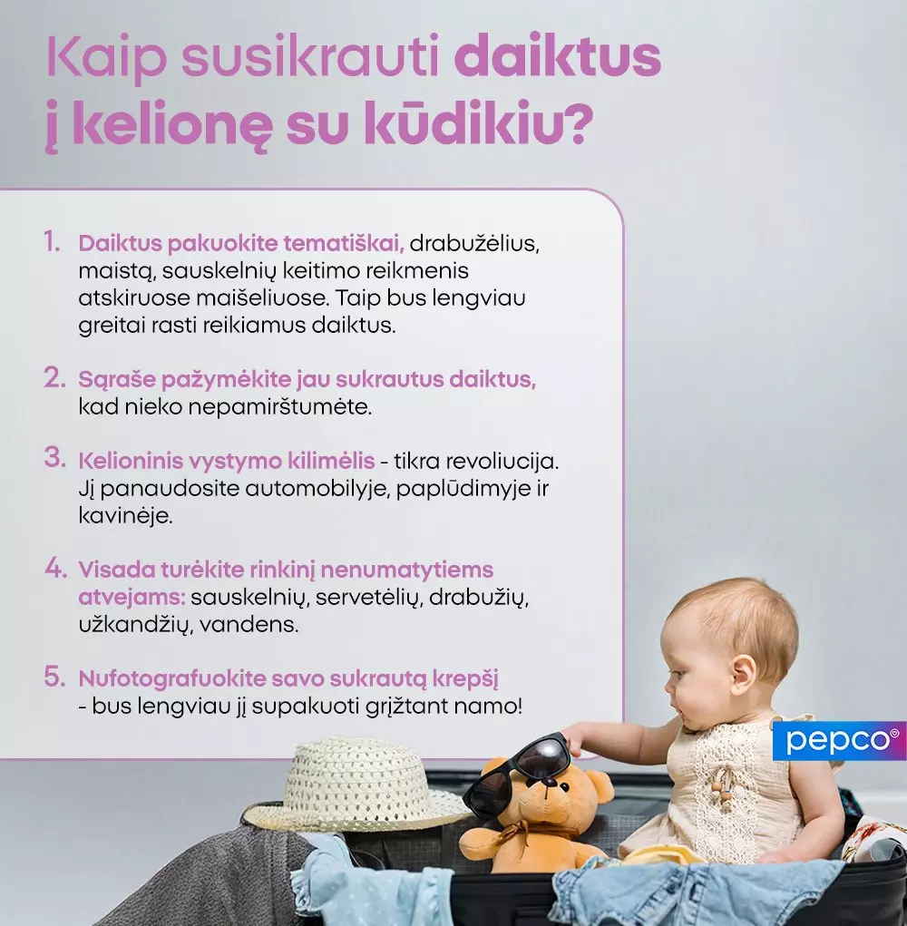 Pepco infografikas su patarimais kaip pakuotis kelionei su kūdikiu, įskaitant 5 patarimus ir vaiką sėdintį lagamine.