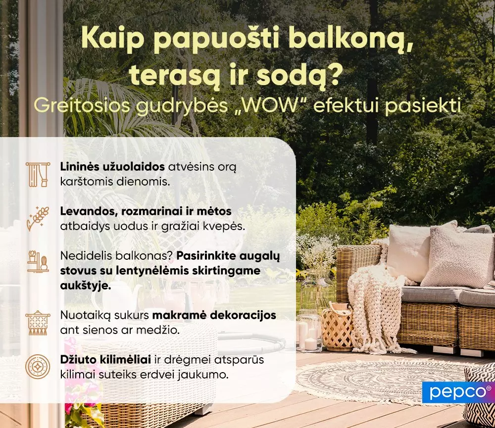 Jaukus terasa su pinto baldais, rožinėmis pagalvėmis, pledais ir informacija apie lauko erdvių dekoravimą.