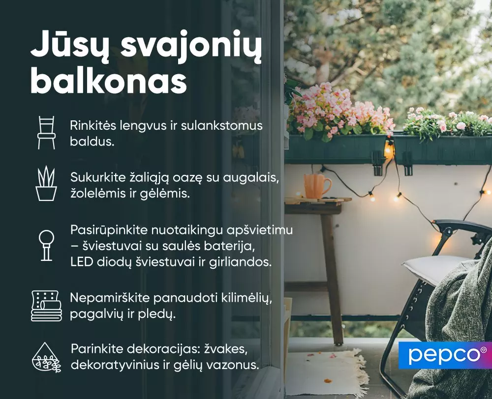 Pepco reklama apie svajonių balkoną su patarimais ir pavyzdžiu, rodančiu jaukų balkoną su gėlėmis, šviesos girliandomis ir kėde.