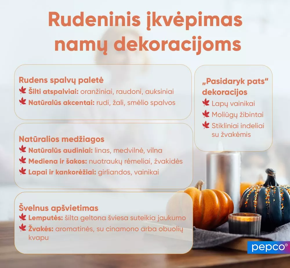 Pepco rudens namų dekoravimo idėjos su spalvų palete, natūraliomis medžiagomis ir apšvietimu, pavaizduota su moliūgais ir žvake.