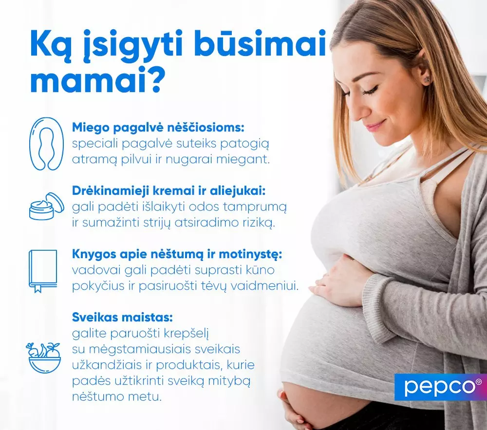 Pepco informacinis plakatas apie naudingus produktus nėščiosioms: nėštumo pagalvė, drėkinantys kremai, knygos ir sveikas maistas.