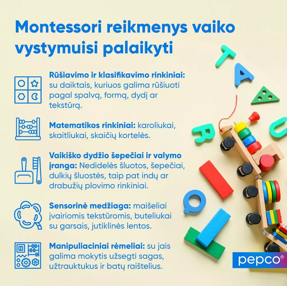 Pepco Montessori accessories infographic showing five types of developmental toys with colorful wooden letters, blocks and stacking toys displayed.