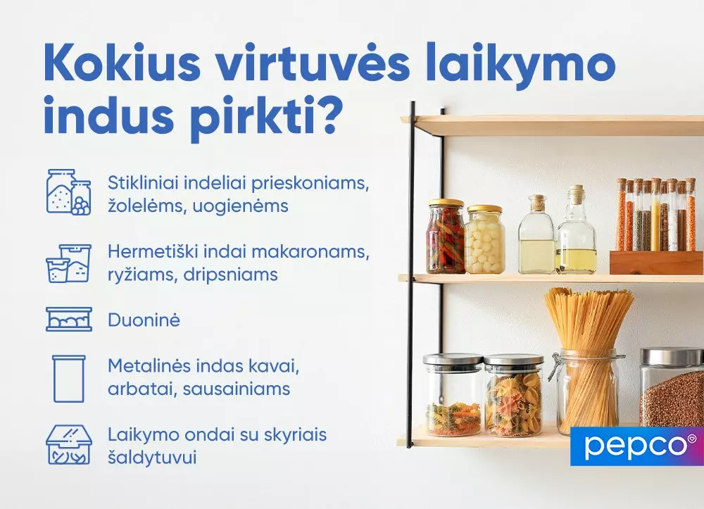 Pepco virtuvės talpyklų gidas su stikliniais indais prieskonių, makaronų ir kruopų laikymui, išdėstytais lentynose.