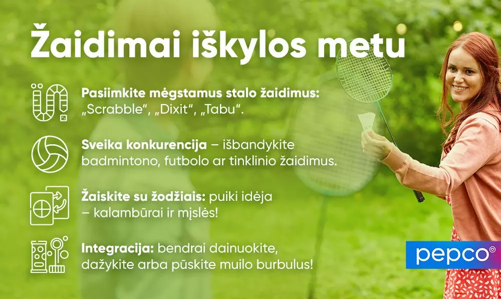 Pepco iškylų gidas su įvairių žaidimų pasiūlymais - stalo žaidimais, badmintonu ir kitomis aktyviomis veiklomis gamtoje.