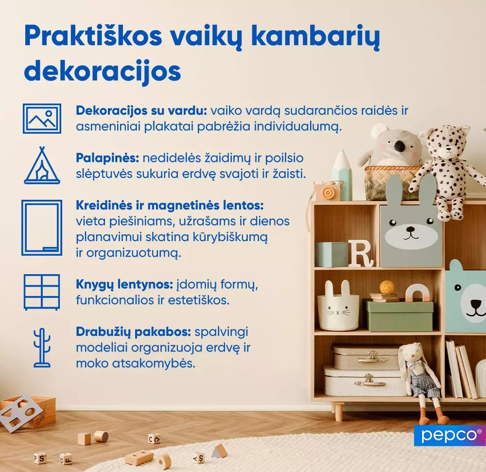 Pepco infografikas apie praktiškas vaikų kambario dekoracijas, rodantis lentynėles su žaislais ir patarimais apie įvairius interjero elementus.