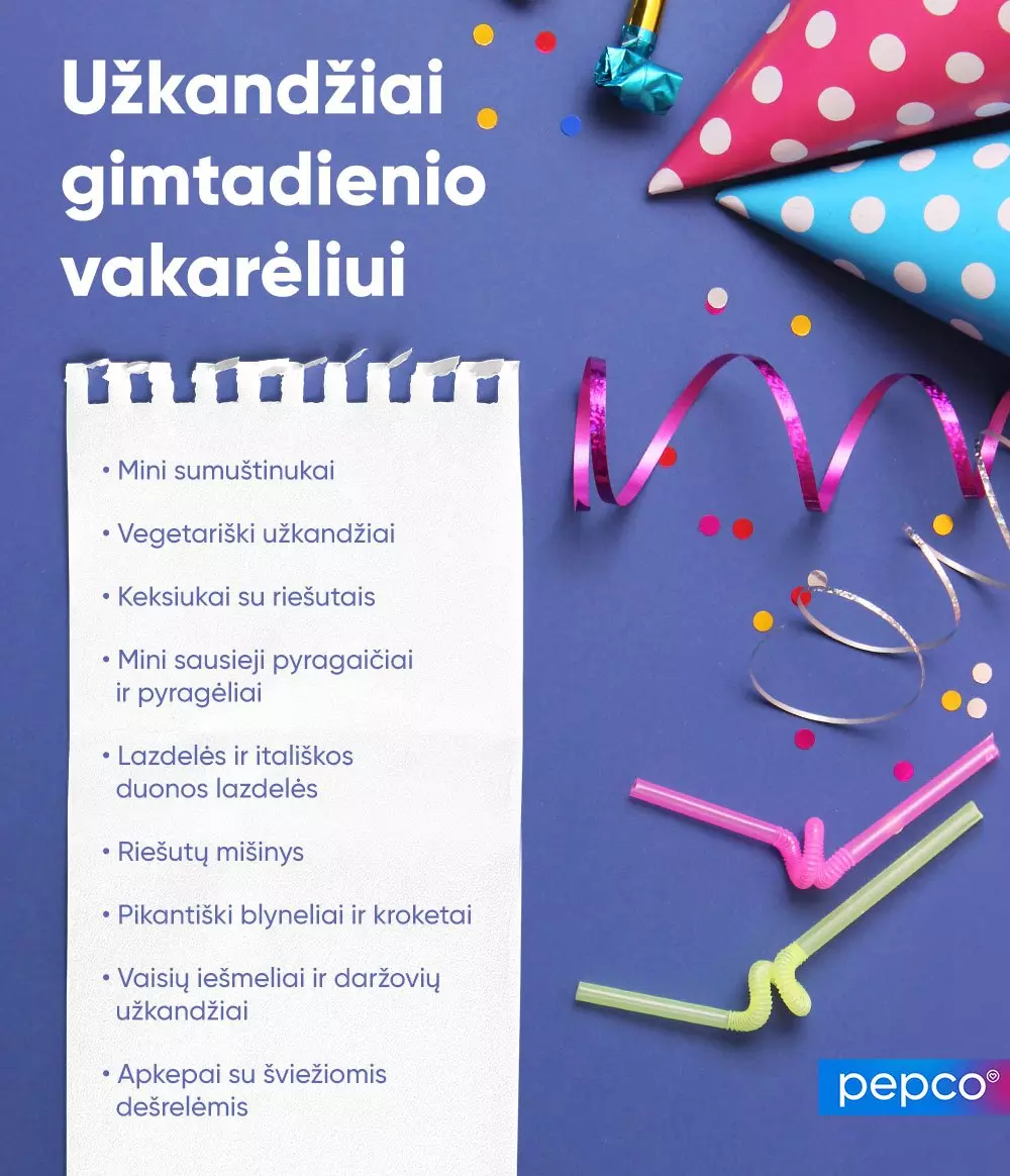 Pepco gimtadienio užkandžių sąrašas su dekoracijomis - spalvotais konfeti, žėrinčiais kaspinais ir taškuotomis kepuraitėmis.