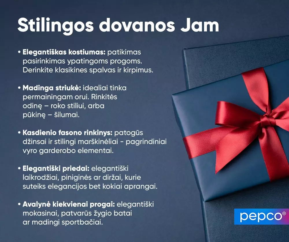 Tamsiai mėlyna dovanų dėžutė su raudona satino kaspinu šalia Pepco prekės ženklo logotipo.