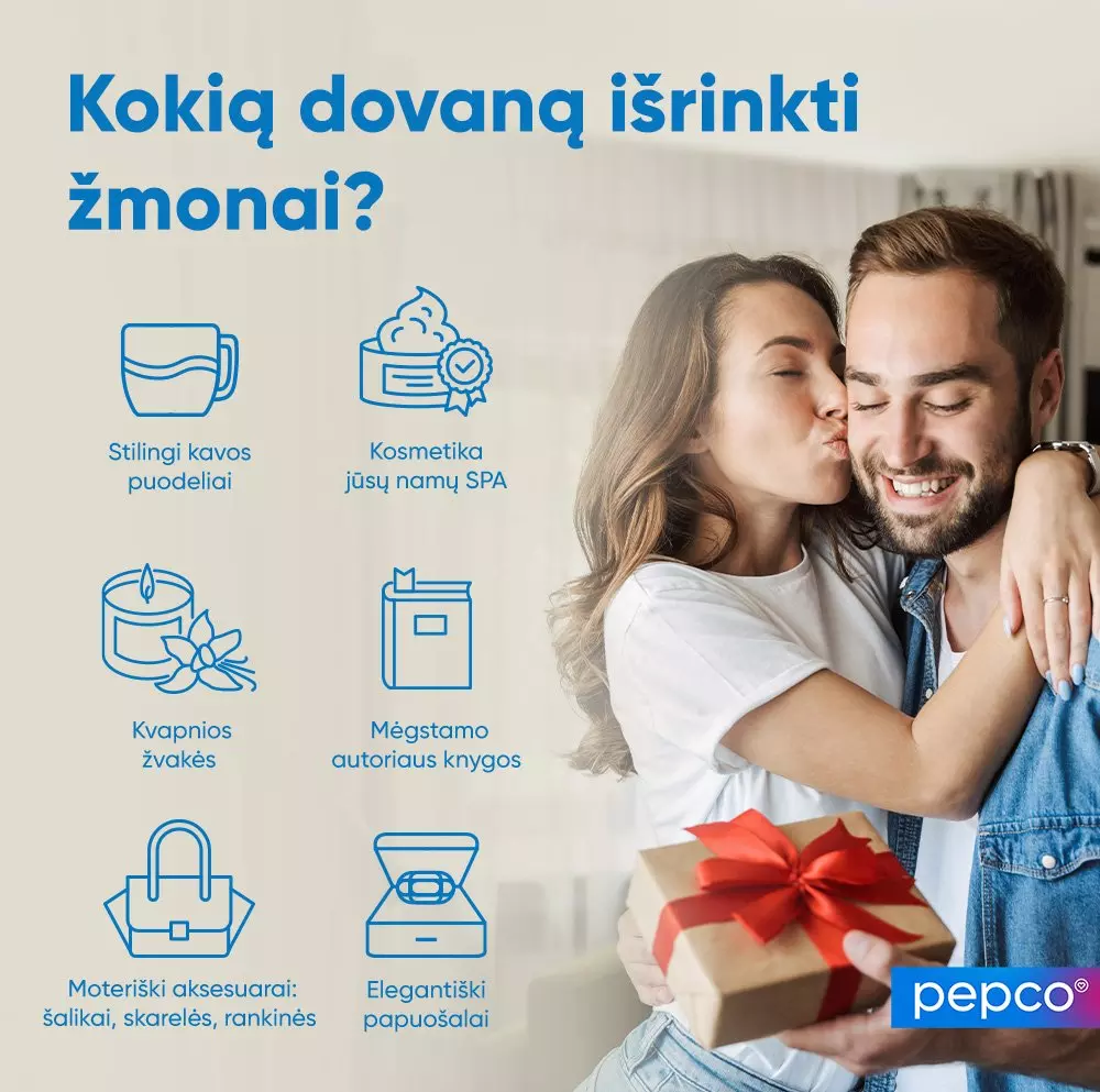 Moteris bučiuoja vyrą į skruostą, jis laiko dovanų dėžutę, Pepco logotipas apačioje.